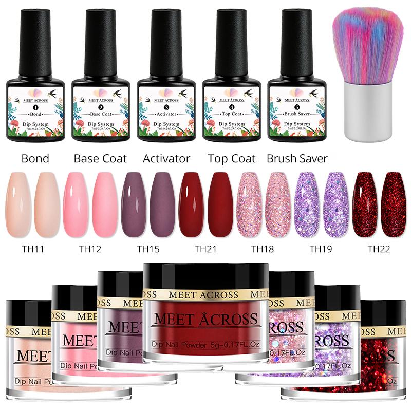 MEET ACROSS 5g/10g Dipping Nail Powder Set Nude Pink Dipping Glitter Powder System Kits Dust Nail Art DIY Decoration Natural Dry
