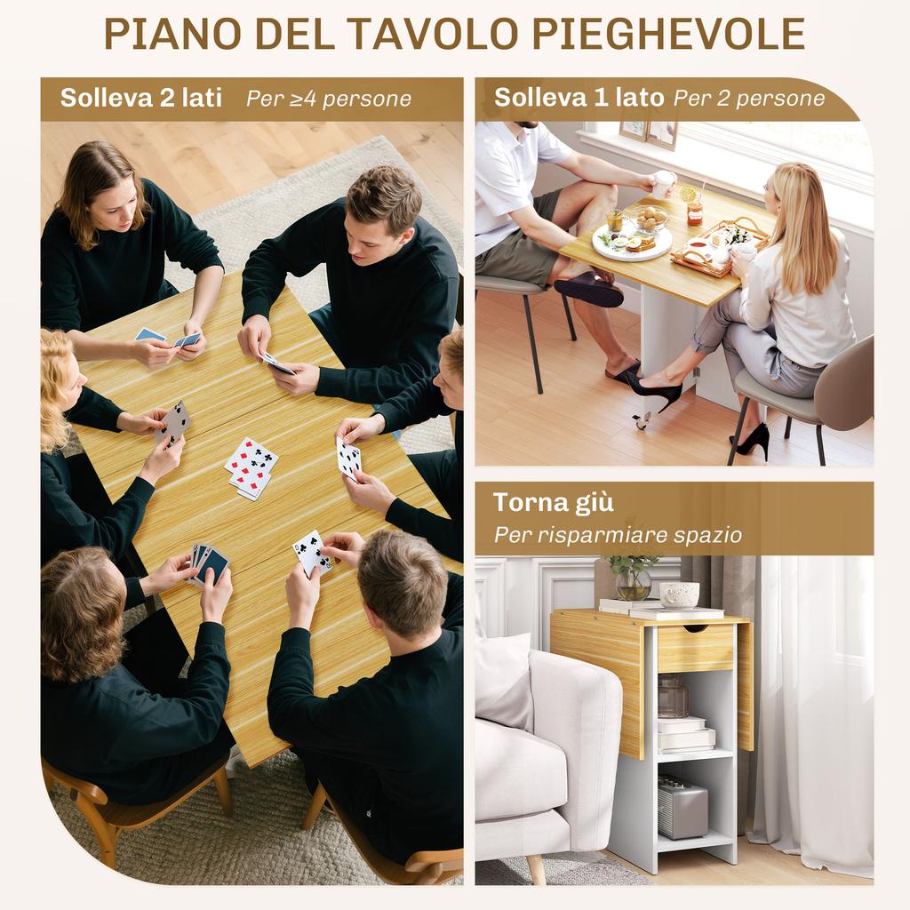 Tavolo da Pranzo Pieghevole per 2-4 Persone con 2 Allunghe Ribaltabili, Cassetto e Ripiani, Rovere