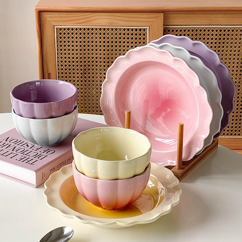 Gradual Change Pink Plate Dessert Plate Salad Plate Fruit Plate Vegetable Plate Pasta Plate Household Rice Bowl Cream