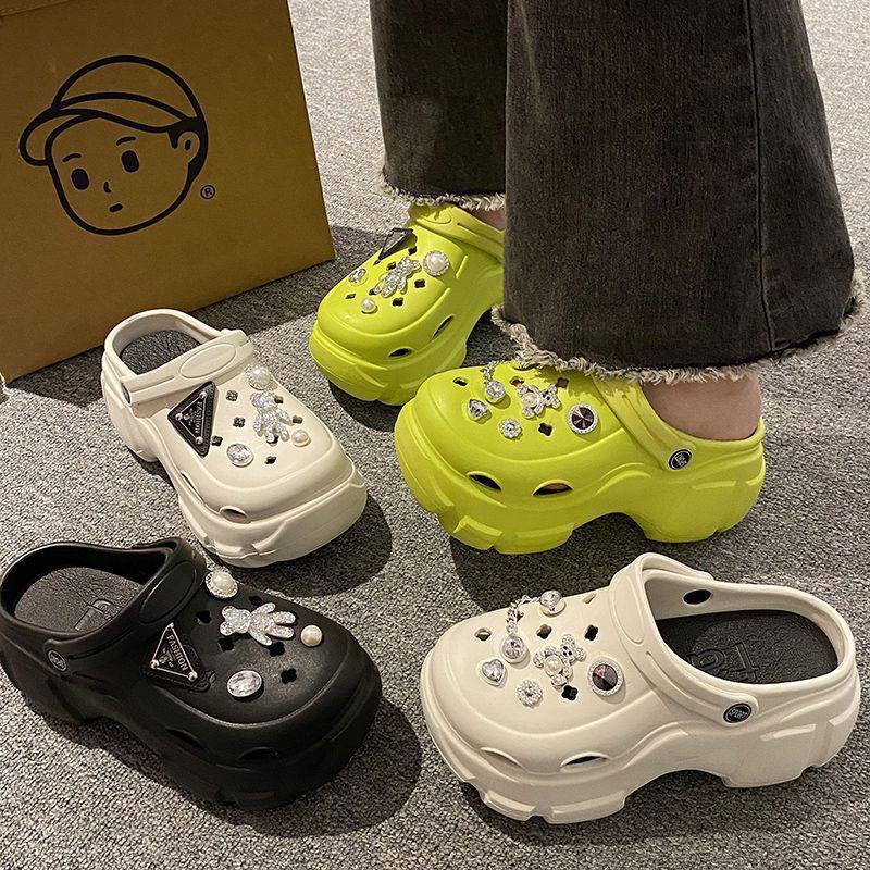 Women's EVA Platform Sandals: Summer Outdoor Beach Shoes with Thick, Height-Boosting Soles, Pearl Rhinestones, and Non-Slip Design.