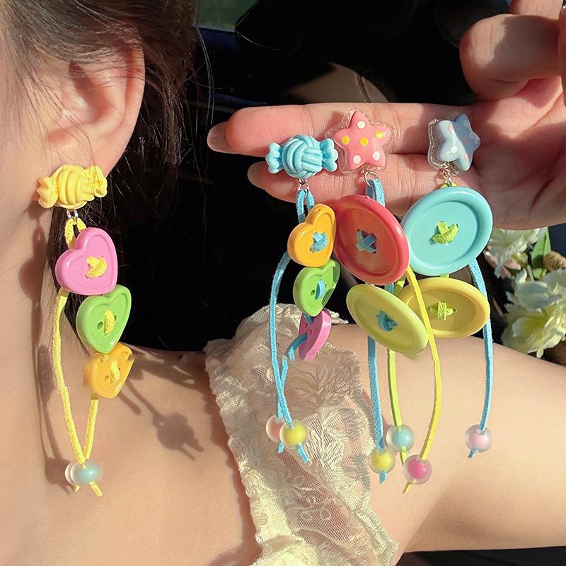 

Acrylic candy love button fringed earrings summer niche design personalized fashion versatile earrings