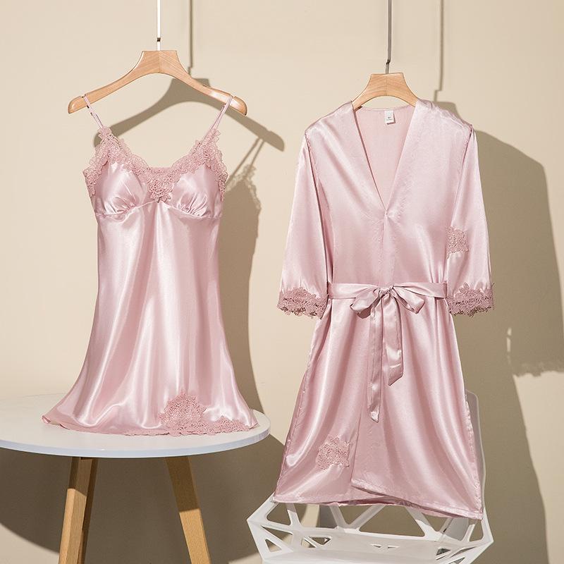 Women's Five-Piece Silk Pajama Set - Sensual Padded Nightdress and Battleship Print for Spring & Summer