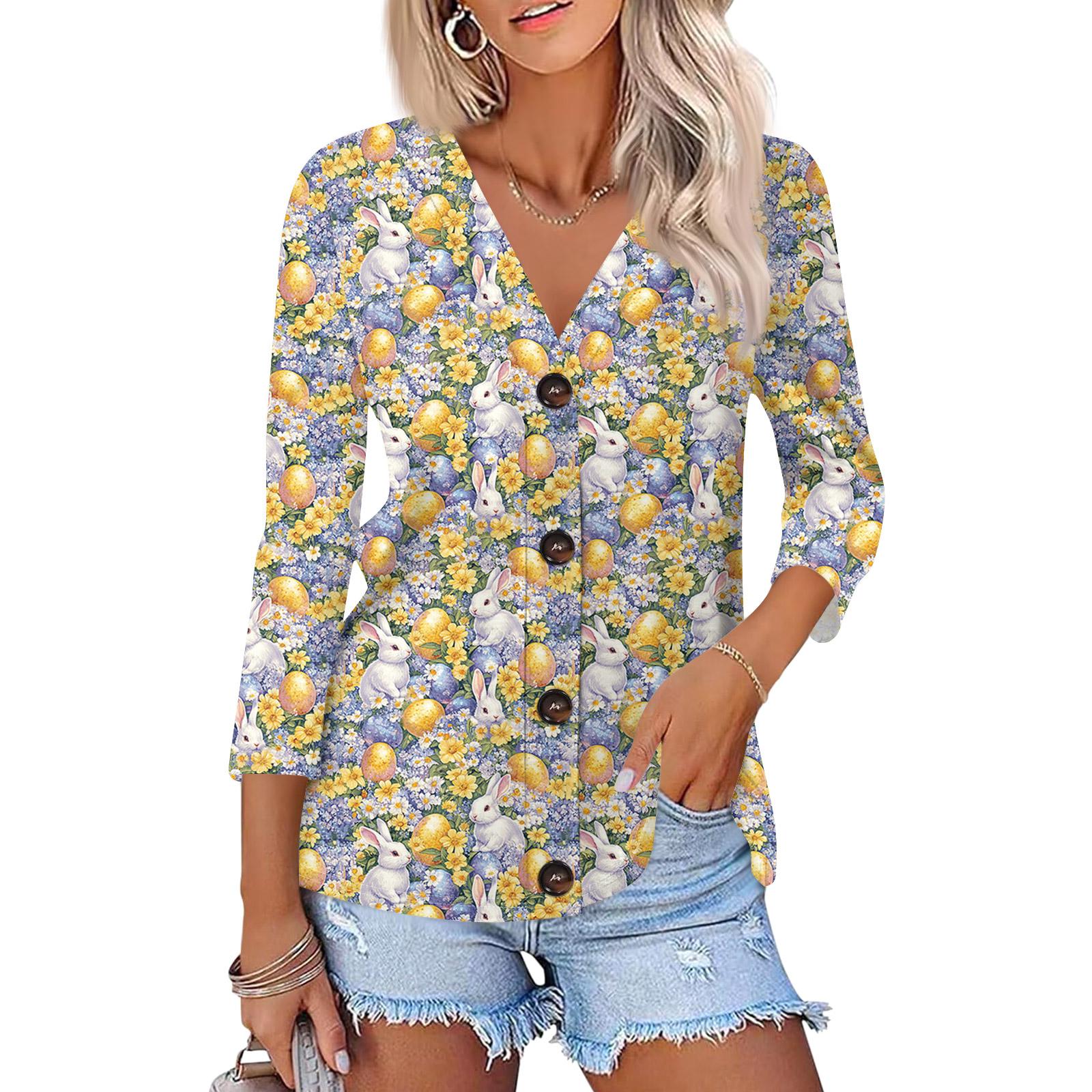 

Women s Fashion Casual Print Button-down Shirt 3/4 Sleeve Tops XL жовтий