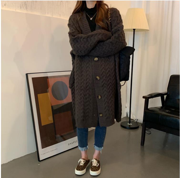 Knitted cardigan jacket women's Korean version twist autumn and winter knee versatile lazy wind loose thickened long outer sweater
