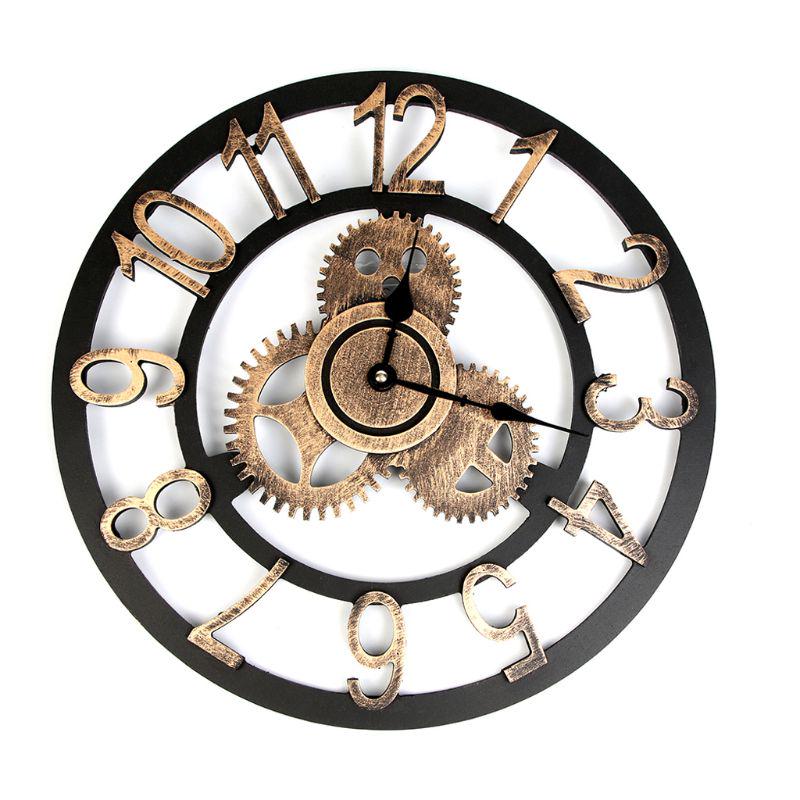 3D Retro Rustic Vintage Wooden Noiseless Steampunk Gear Wall Clock Roman Numerals