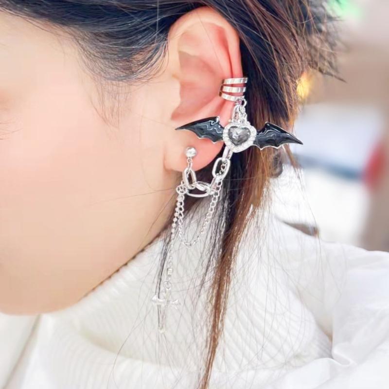 Goth Punk Halloween Devil Stud Earrings Women Rhinestones Crossed Chain Ear Clip Halloween New Year Costume Accessories