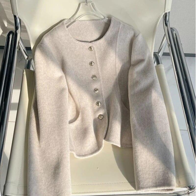 Einfarbige, kurze, doppelseitige Wolljacke für Damen, einreihiges, modisches, einfarbiges Oberteil mit Rundhalsausschnitt