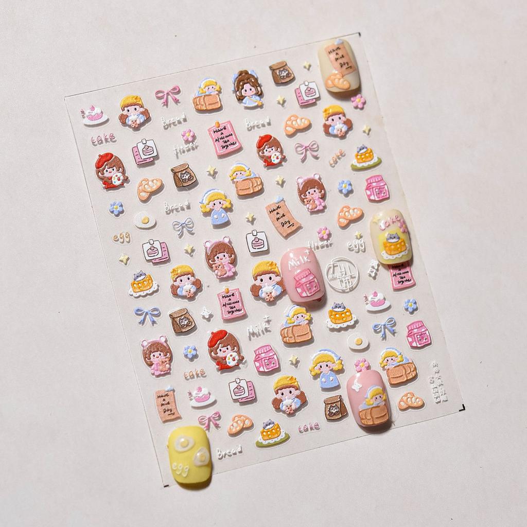 1PCS 5D Embossed Nail Sticker Cute Gray Cake Teddy Bear Bow Cartoon Nail Art Stickers Self Adhesive Nails Decorations Decals DlY