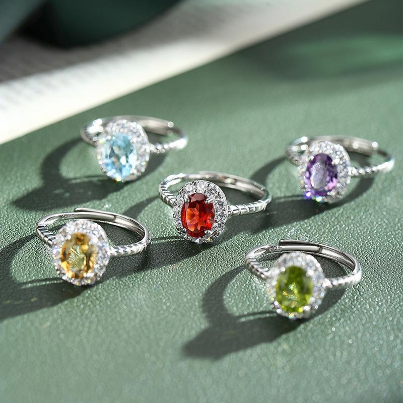 S925 Silver Oval Gemstone Ring, Adjustable Cubic Zirconia Women's Fashion Jewelry