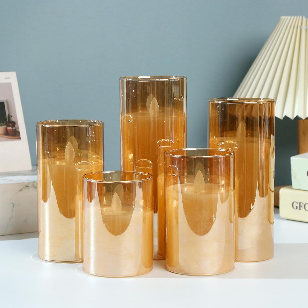 LED Tea-Colored Glass Candle Set with Remote Control and Simulated Flame