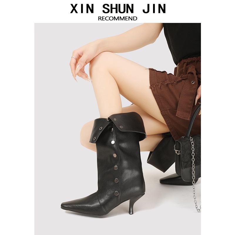 Black Stiletto High-Heeled Boots Women'S Design Sense Foldable Two-Wear Knight Boots But Knee-High Spice Girl Boots