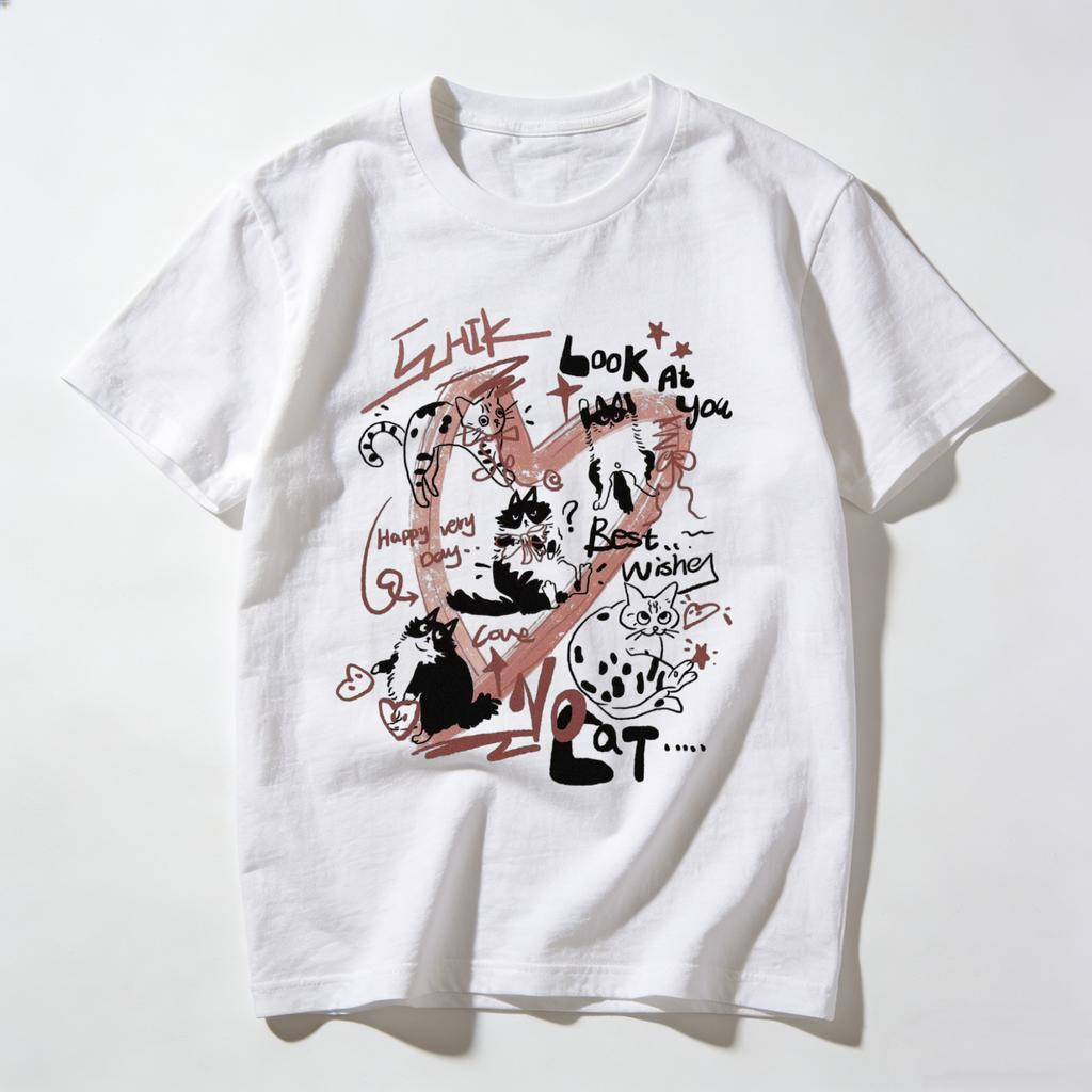 Adult and Children Love Heart Cat YK Pure Cotton TShirt Versatile Couple ParentChild Friends MultiColor Top