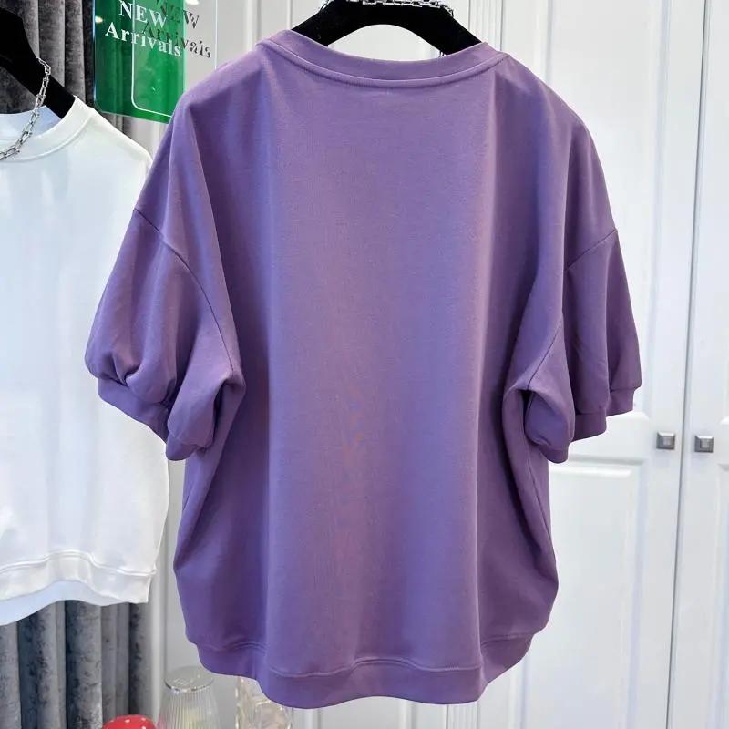 T-shirt Women Cotton Summer Casual Large Size Loose Round Neck Pullover Short-sleeved Tops