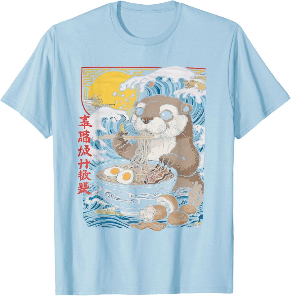 Otter Eating Ramen Graphic Tee Cute Japanese Wave Anime Style TShirt Casual Comfort