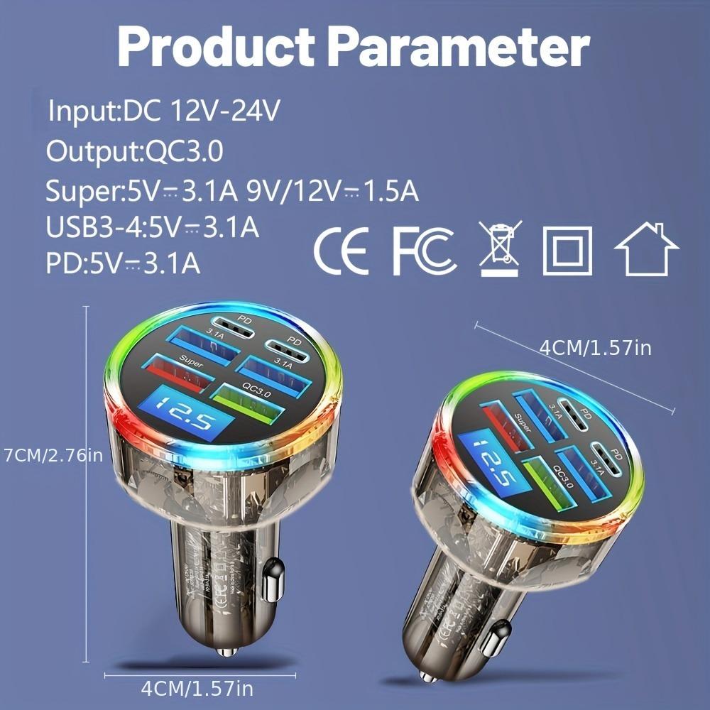 Smart Digital Car Charger with Voltage Display - 6 Ports RGB Illuminated Fast Charging Hub for Modern Vehicles