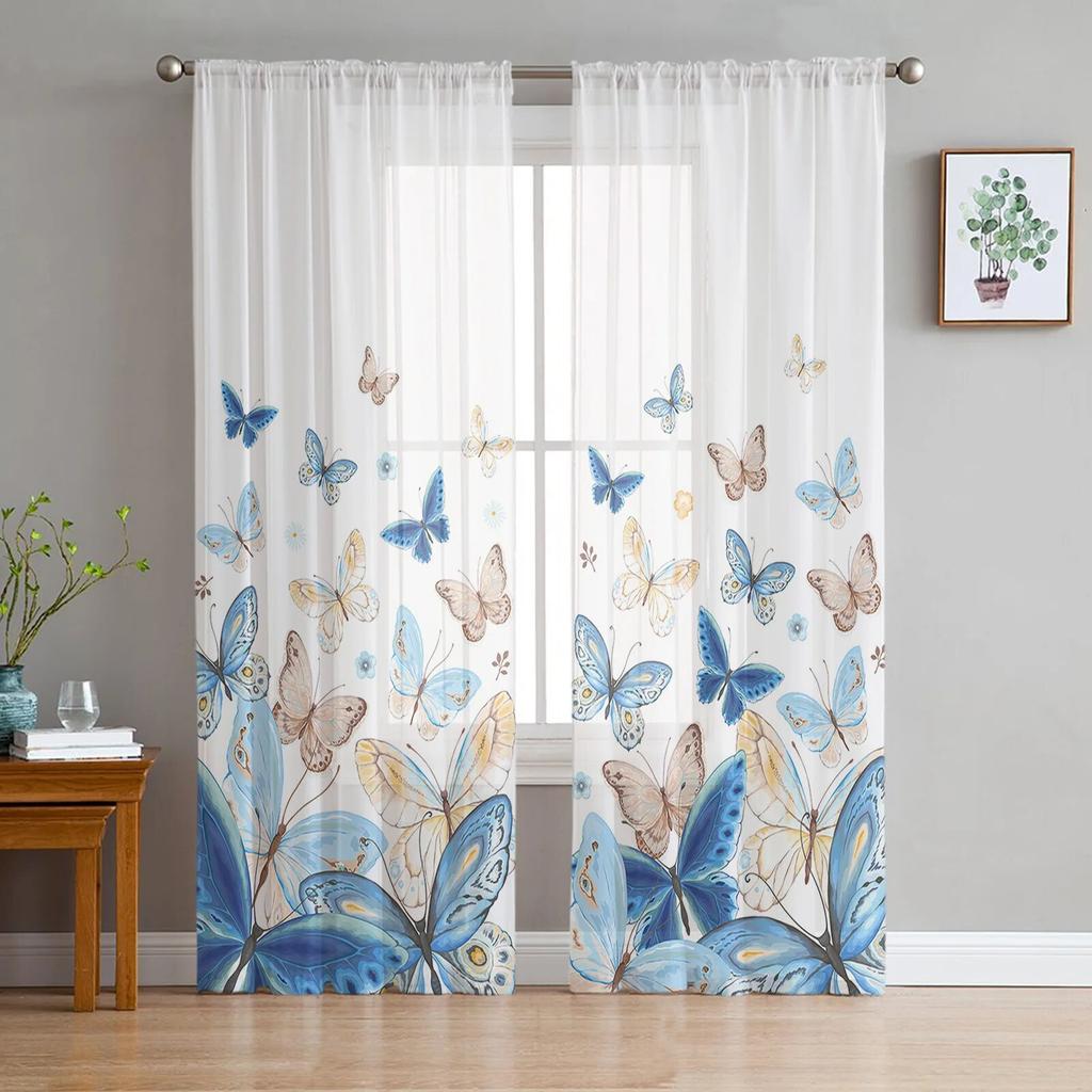 Pastoral Butterfly Flower Gradient Sheer Curtains For Living Room Bedroom Tulle Curtain For Kitchen Voile Curtain Blind Panels