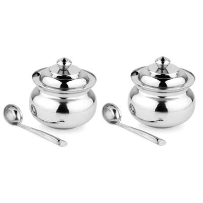 Pot à ghee multi-usages en acier inoxydable Hilites, récipient à cornichons - 300 ml avec cuillère, lot de 2 (argent)
