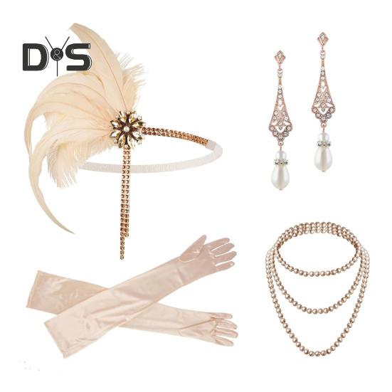 Sada šperků 20. léta Čelenka Rukavice Náušnice Set Třpytivé náušnice Pokrývka hlavy se sekvinami Korálky Doplňky pro hraní rolí