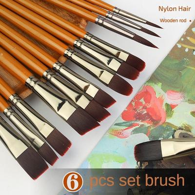 6-teiliges Set aus Holz mit kurzem Stiel, weinrotem Nylonhaar, Aquarellpinsel, 4 Arten von Stiftspitzen, optional Ölmalstift, Künstlerbedarf