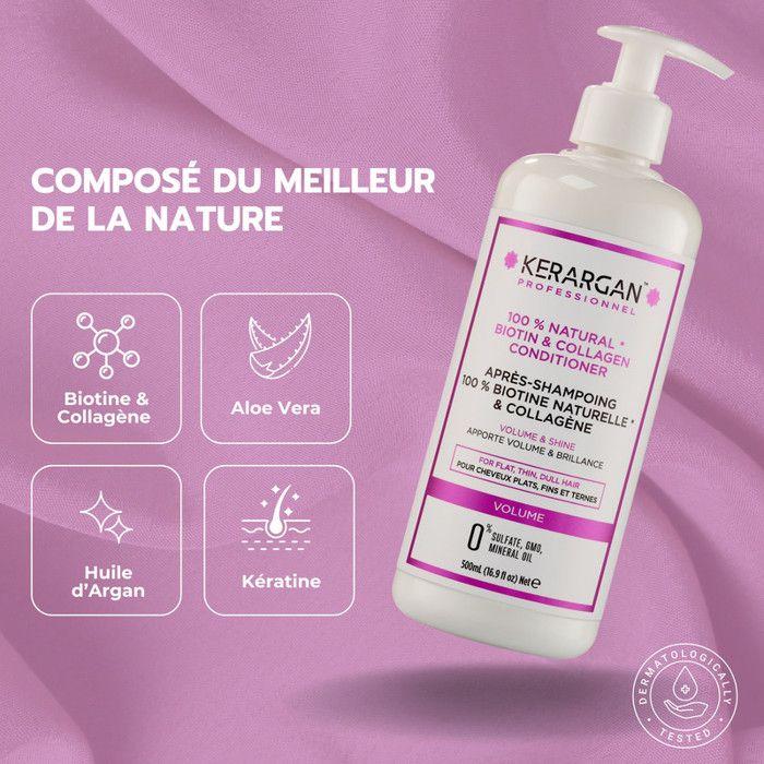 Après-shampoing volumateur - KERARGAN - Biotine - Collagène - 500 ml - Sans sulfates - Hydratation renforcée - Volume