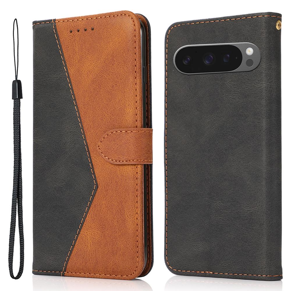 

For Google Pixel 9 Pro XL Cover Color Splicing Wallet Stand Leather Phone Case with Wrist Strap C