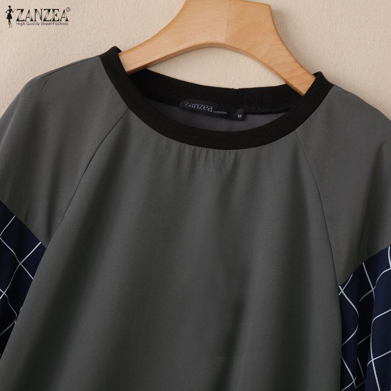 ZANZEA Bluză largă casual de damă cu gât rotund, mâneci bufante și imprimeu grilă îmbinat