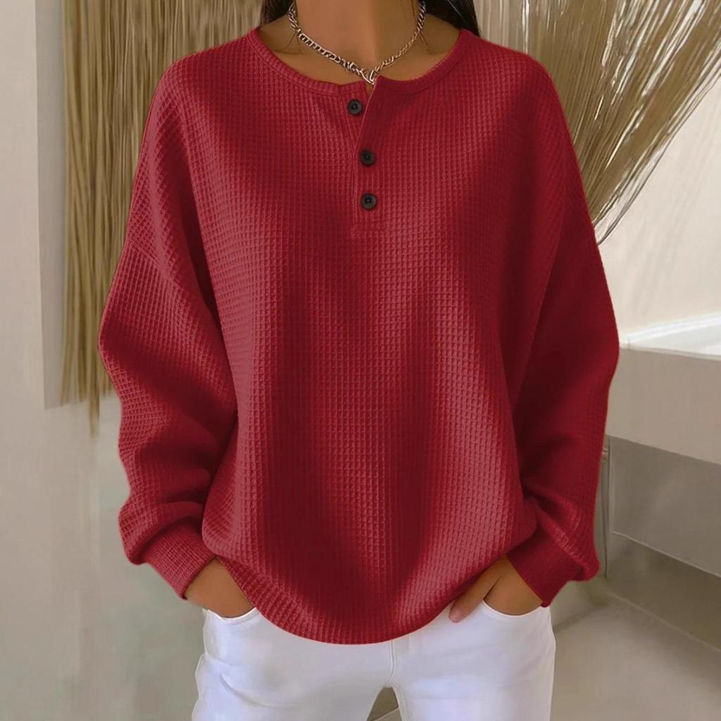 Women's Long Sleeve V-Neck Button Detail Waffle Knit Top