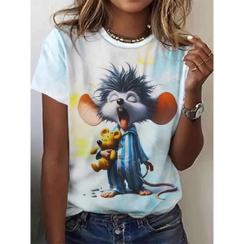 2025 Damen T-Shirt Mäuse 3D Druck Cartoon Tier Rundhals T-Shirt Für Damen Mode Kurzarm Lässiges T-Shirt Damenbekleidung
