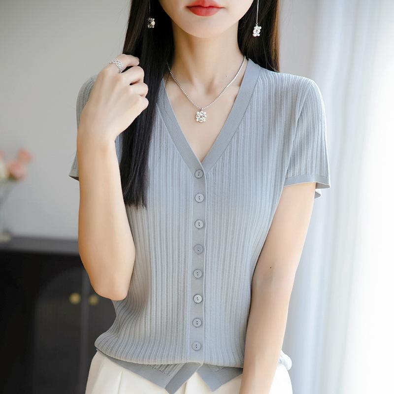 Vneck New Knitted Summer A Cardigan With Tapered Stripes A Fashionable And Versatile Shortsleeved Top