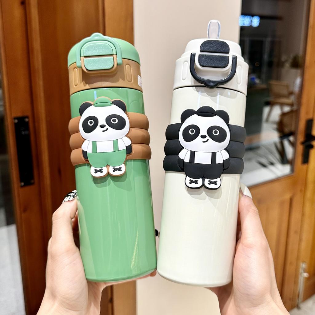 Double Drink Red Panda Large Capacity Kettle Thermos Cup Children's Cartoon Cute Straw Cup Portable Rope Water Cup