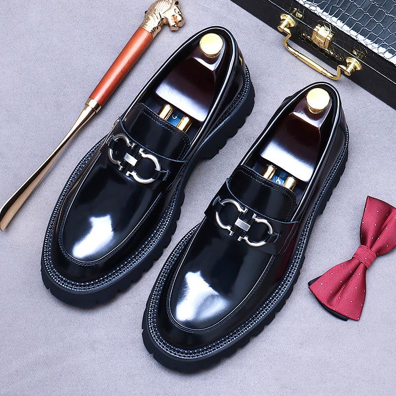 Metal Horsebit Thick-Soled Genuine Leather Shoes for Men Business Formal Casual Cowhide Leather Increased Height British Shoes