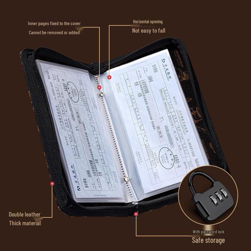Large Capacity Savings Book & Receipt Holder with Combination Lock Zipper
