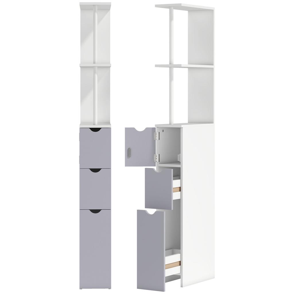 Colonna per Bagno, Mobile da Bagno in Legno Salvaspazio, Mobile con Armadietto, Mensole e Cassetti, 15x33x136,8 cm, Grigio Chiaro