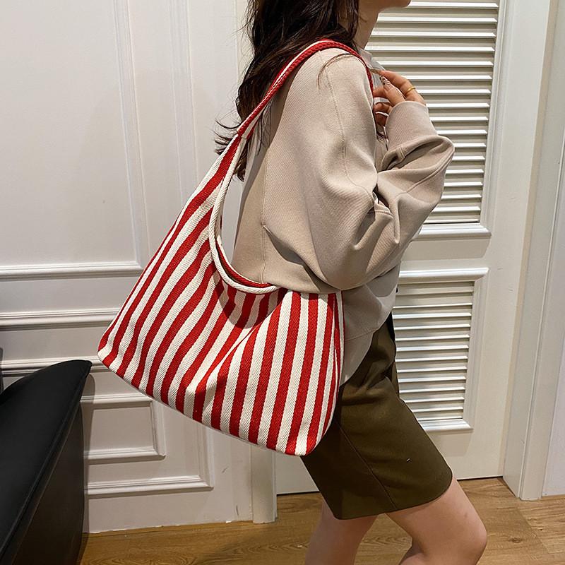 Stylish Korean Striped Large Tote Bag Versatile Retro Canvas Shoulder Bag For Daily Use