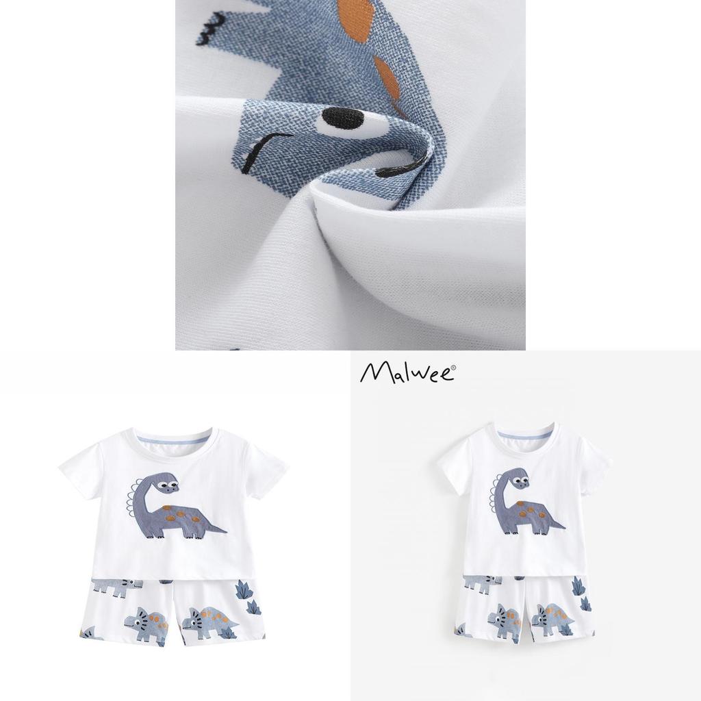 Malwee Boy Summer Cotton T Shirt And Shorts Set With Cartoon Dinosaur Prints For Kids Ages 3 To 8