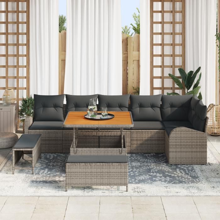 Ensemble de Canapé de Jardin de 9 Pièces avec Coussins Gris Rattan Poly Acacia 3362408