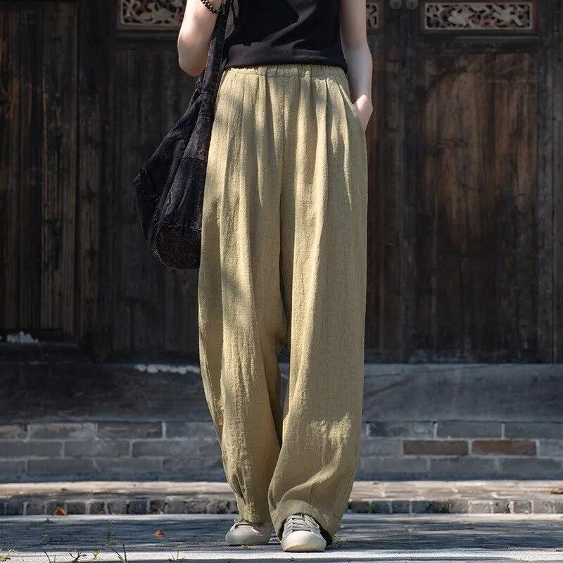 Johnature Women Vintage Straight Pants Elastic Waist Autumn Trouser Solid Color Loose Casual Women Long Pants