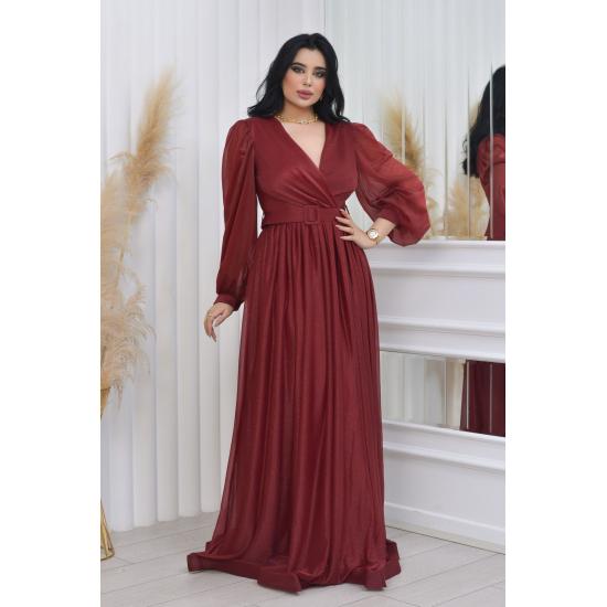 Zweireihiges Abendkleid mit Kragen, Gürtel und Ballonärmeln aus glitzerndem Tüll TE Settür Abendkleid