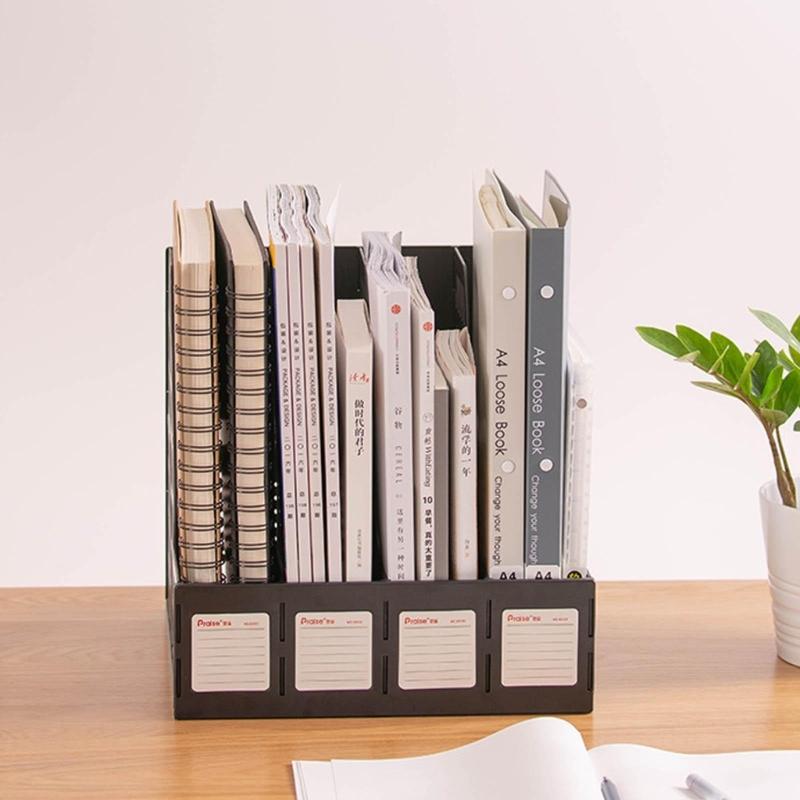 File Storage Box Lightweight Magazine File Holder Desk Organizer with 4 Vertical Compartments File Box Removable Bookend
