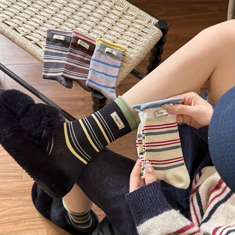 5-Pair Women's Striped Mid-Calf (tube) Socks Suitable for Fall/Winter - Warm Casual Casual Attire with Lettered Fabric Label Splicing