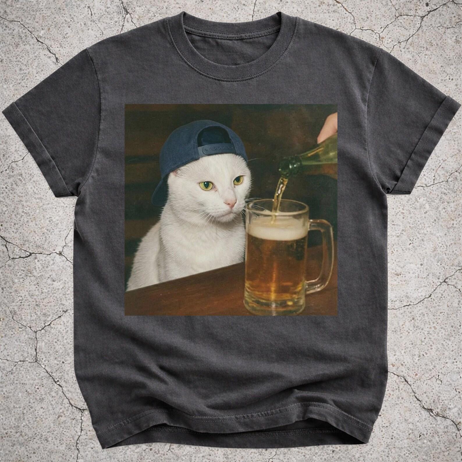 Funny White Cat Drinking Beer Shirt, Vintage Cat Meme Graphic Tee, Retro Cat Lover Gift, Beer Lover Unisex T-Shirt XL