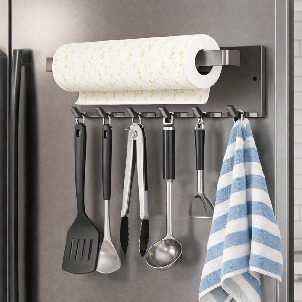 Carbon Steel Magnetic Paper Towel Holder Nail Free Wall Mounted Refrigerator Magnetic Shelf with Hook Space Saving