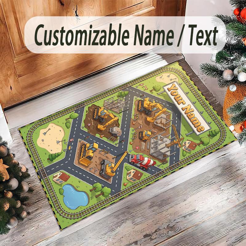 Construction Vehicles Theme Crystal Velvet Rug Personalized Custom Name Text Soft Floor Mat Home Decor