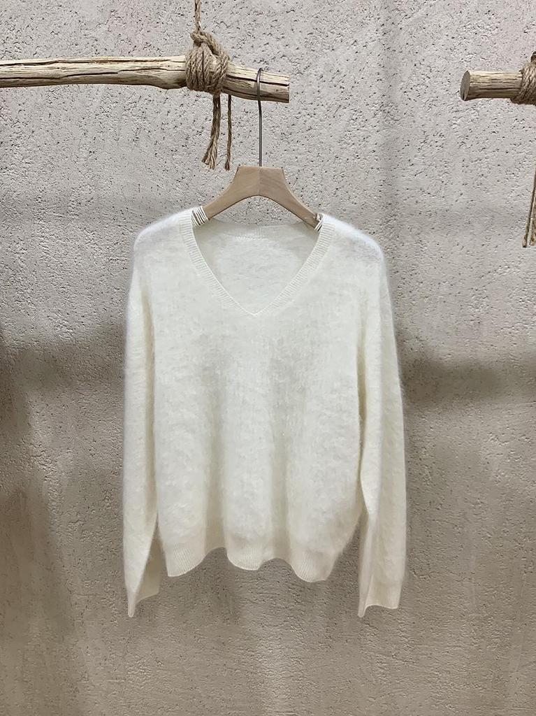 Women’s High-End Plush Wool-Cashmere V-Neck Sweater - Seamless, Soft, Stitched Knit Top