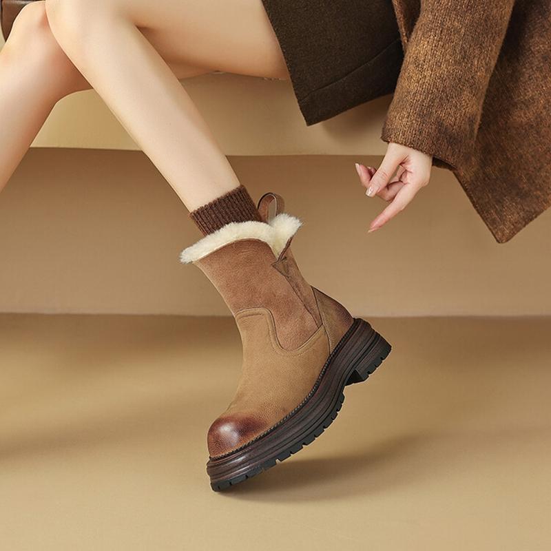 Fashion NEW Winter Women Boots Genuine Leather Shoes for Women Round Toe Chunky Heel Shoes Solid Zip Platform Shoes Warm Wool Snow Boots