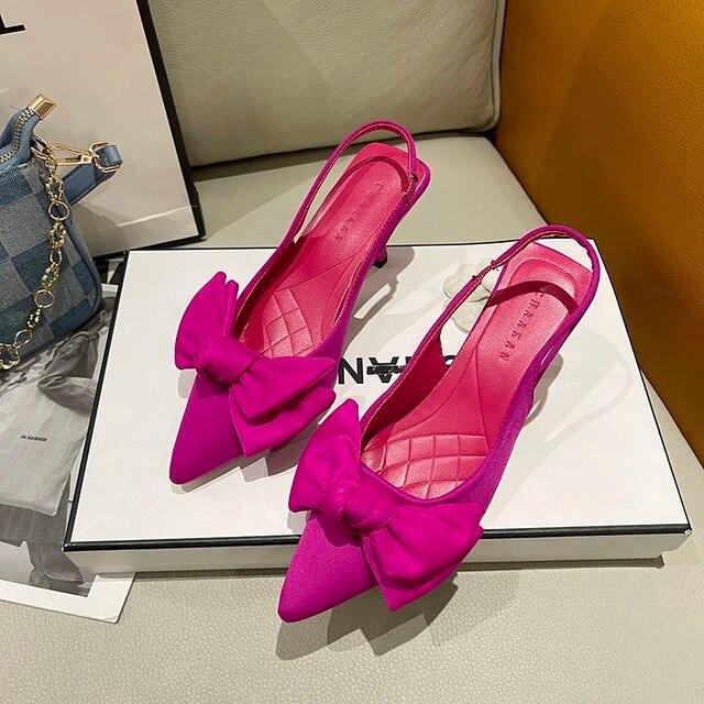 

Летние брендовые женские сандалии с открытой пяткой, 7 см, модные женские элегантные модельные туфли-лодочки без шнуровки с острым носком и бантом 40 красный