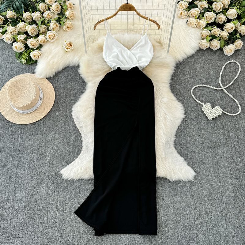 

Unique Sling Dress Super Nice Sexy V-Collar Contrast Color Tight Waist Silm Spring and Summer New Arrival Split Sheath Dress White M