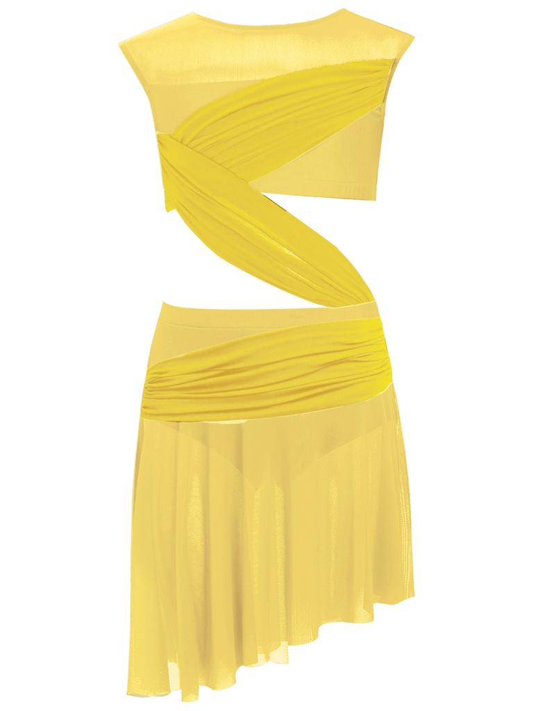 Mergaičių Lyrinio šokio suknelė Vientisa Berankovė Permatomo tinklelio Patchwork Asimetriškas kraštas Pasirodymo kostiumas