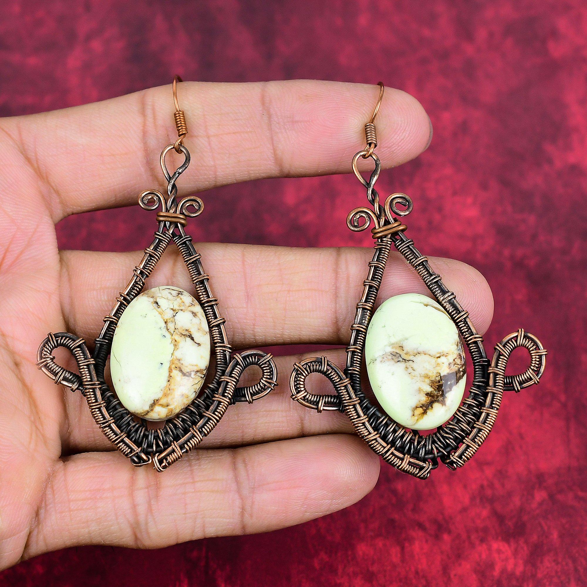 Lemon chrysoprase earring copper wire wrapped earring handmade earring awesome copper jewelry gifts for him gemstone earring antique jewelry
