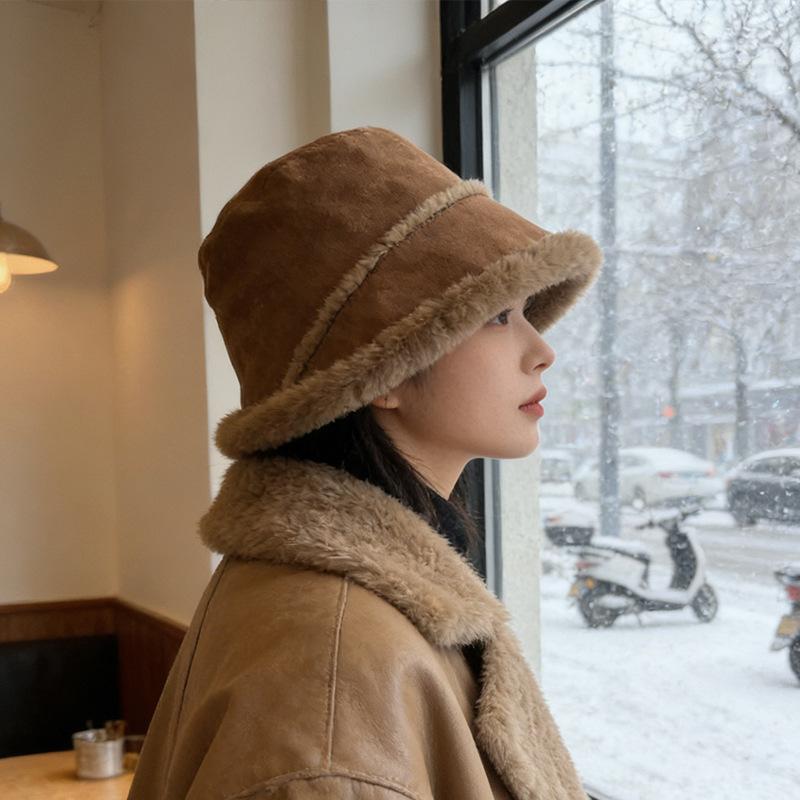 Warm bucket hat thick fur integrated temperament versatile show washbasin hat